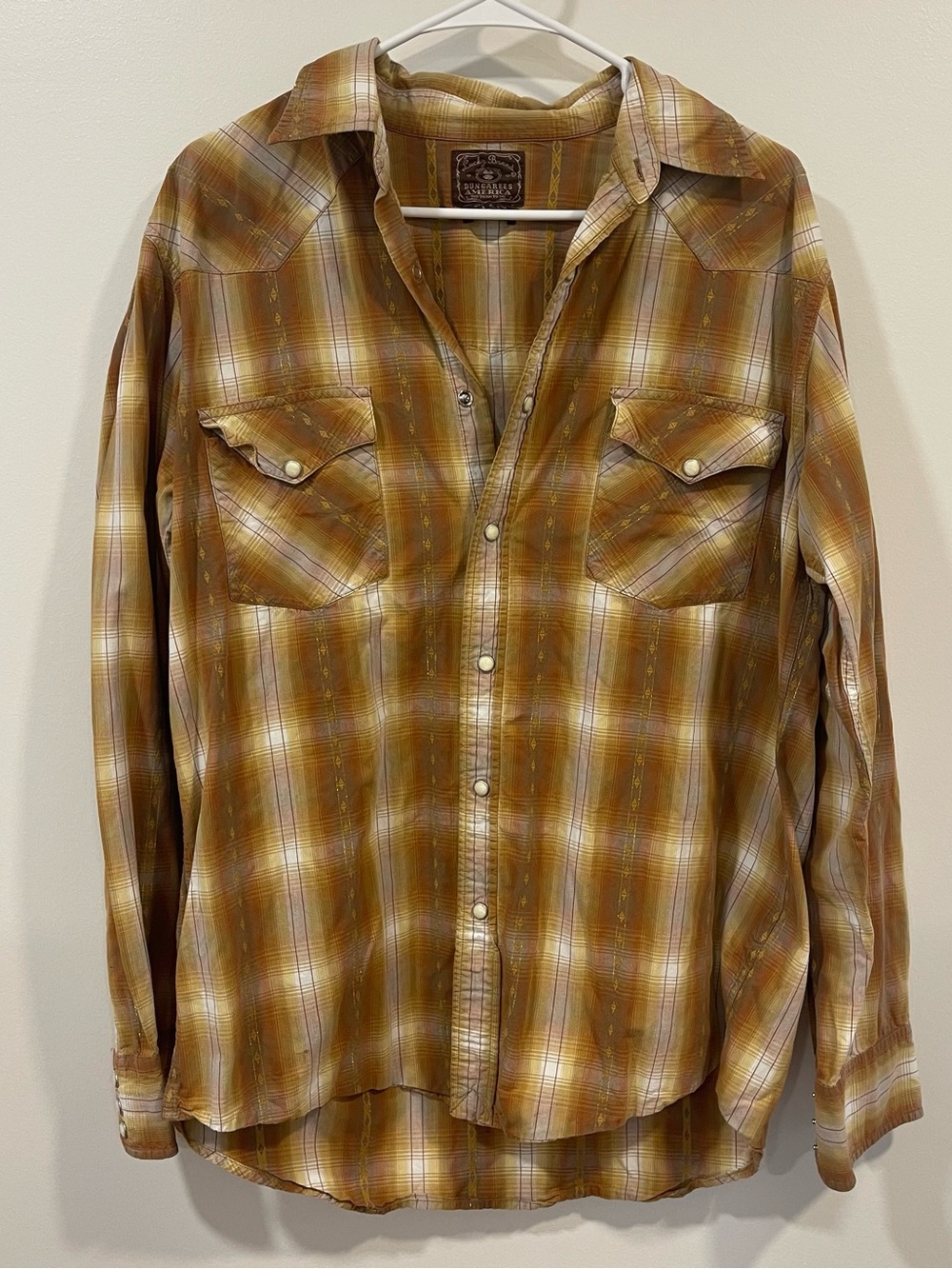Vintage Lucky Brand Mens L Pearl Snap Long Sleeve Plaid Western Orange Cowboy